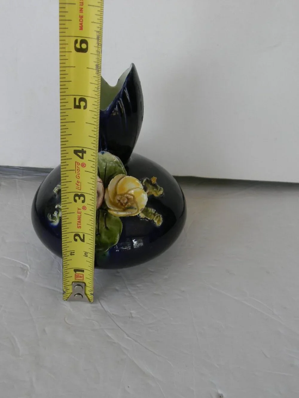 Vintage COBALT BLUE Barbotine Style Applied Rose 3D Floral Ceramic Vase 5.5